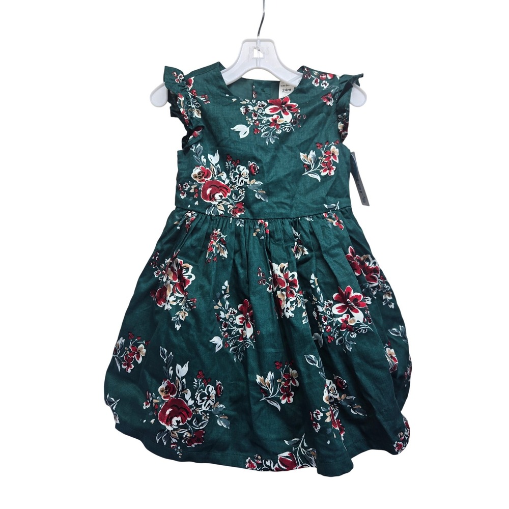 NWT‎ Carters Baby Girl Green Floral Flutter Sleeve Holiday Dress 24 months
